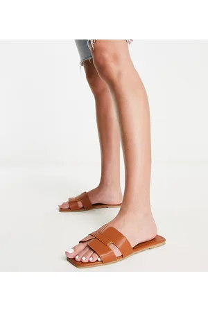 Truffle Collection Wide Fit slip on mule sliders in tan