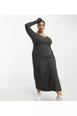 ASOS ASOS DESIGN Curve waffle twist front midi dress with long sleeve in dark