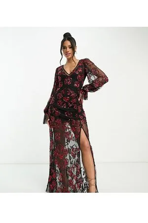 Lace & Beads Exclusive long sleeve maxi dress in mixed applique