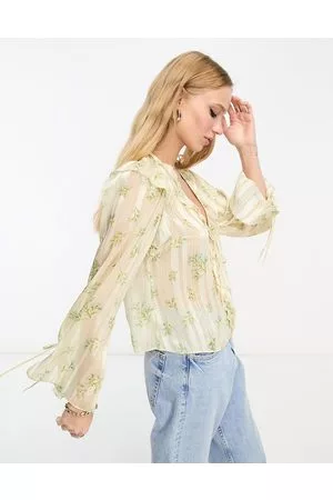 River Island Tie front ruffle chiffon blouse in cream floral