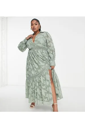 ASOS ASOS DESIGN Curve button through midi shirt dress with lace inserts in burnout in khaki