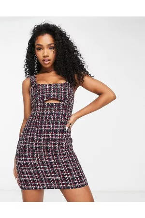 Miss Selfridge Boucle mini pinny dress with cut out detail in check