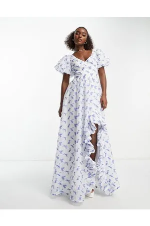Maya Deluxe Puff sleeve wrap bodice maxi dress with ruffle split in blue floral