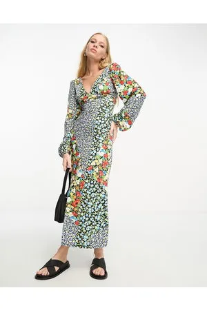 ASOS Long sleeve v neck midi dress in mixed print