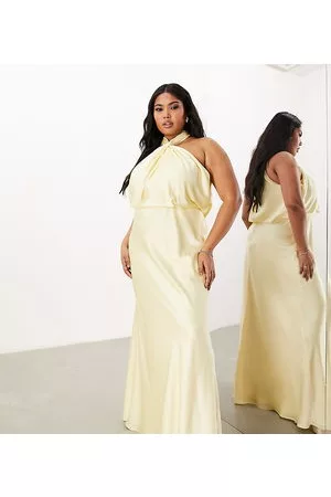 ASOS Curve satin ruched halter neck maxi dress in lemon