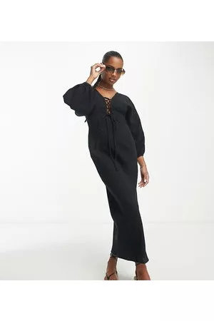 ASOS Mujer Maxi - ASOS DESIGN Petite natural crinkle bias maxi dress with lace up detail in black