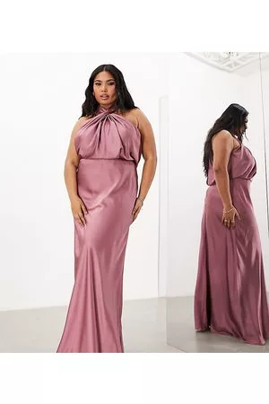 ASOS Curve satin ruched halter neck maxi dress in orchid