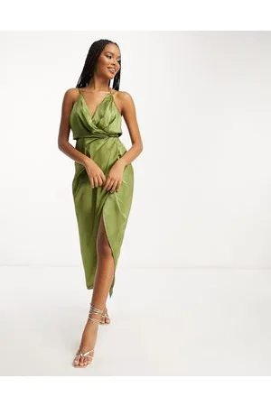 ASOS Satin strappy back drape cami midi dress in olive