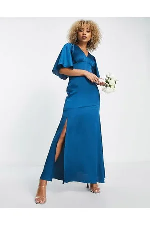 Liquorish Bridesmaids satin maxi dress with flutter sleeve and split in teal blue