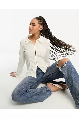 Monki Textured hook and eye collared blouse in beige