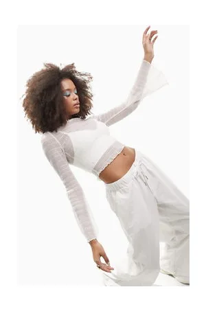 ASOS Shirred mesh long sleeve crop top in