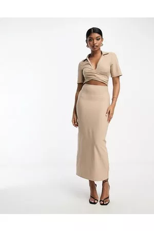 ASOS Collar twist front midi dress with cut out in sand