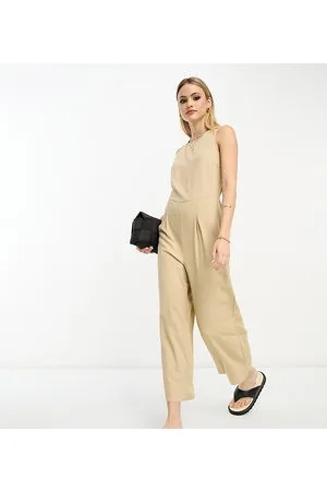 VERO MODA Linen touch tie back jumpsuit with pleat front wide leg in beige