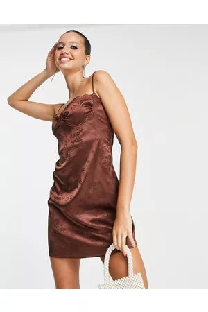 Lola May Satin jacquard mini dress with strappy back in chocolate