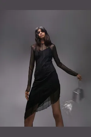 Topshop Seamed asymmetric hem mesh mini dress in