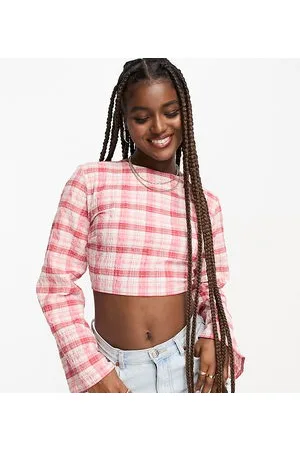 JDY Exclusive open back textured top in pink check