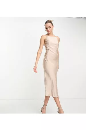 Lola May Satin cami midaxi dress with pearl effect straps in champagne