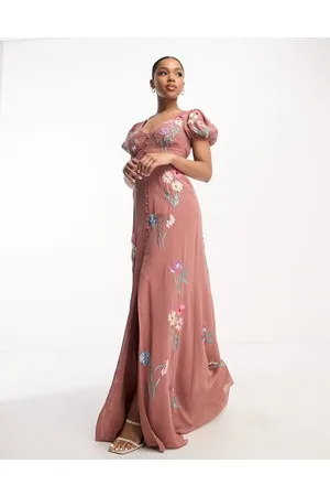 Maya Deluxe Puff sleeve embroidered maxi dress in caramel and