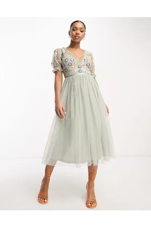 Maya Deluxe Ruffle sleeve midi dress with embroidery in sage