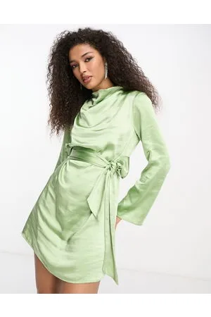 Pretty Lavish Jayda tie waist satin mini dress in soft olive