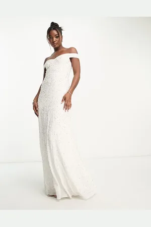 Maya Deluxe Bridal bardot fishtail embellished maxi dress in ivory