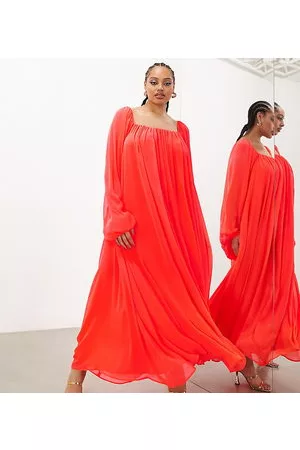 ASOS Mujer Maxi - Curve square neck chiffon maxi dress in neon coral