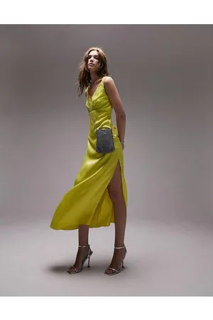 Topshop Cami satin and lace midi dress in lime