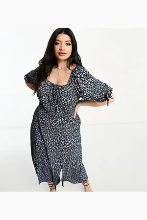 Yours Exclusive puff sleeve midi dress with split detail in black floral