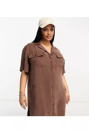 ASOS Mujer Camiseros - ASOS DESIGN Curve utility pocket shirt dress in chocolate