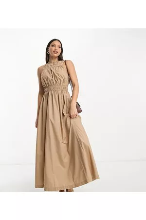 ASOS Mujer Maxi - ASOS DESIGN Tall cotton high neck gathered maxi dress in natural