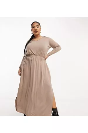 Yours Mujer Casuales - Exclusive long sleeve smock midi dress in mocha
