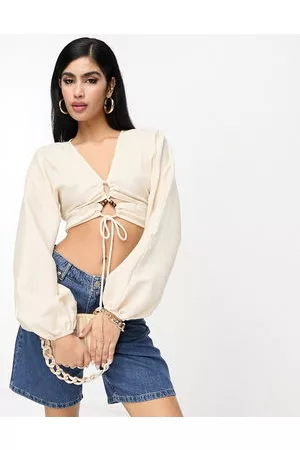 ASOS Mujer Manga larga - Long sleeve crinkle top with lace up lattice detail in oatmeal