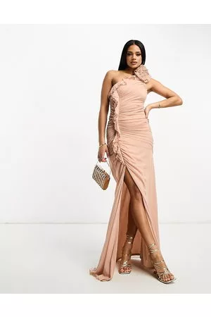 ASOS Mujer Maxi - One shoulder mesh corsage high split maxi dress in dark blush