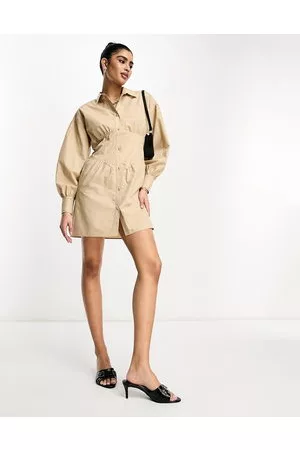 ASOS Mujer Camiseros - Corset detail mini shirt dress with balloon sleeves in camel