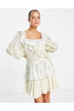 ASOS Mujer Cortos - Metallic jacquard square neck ruffle mini dress in and silver