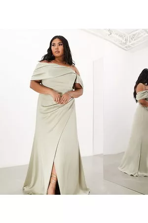 ASOS Mujer Maxi - Curve satin bardot drape wrap maxi dress in sage