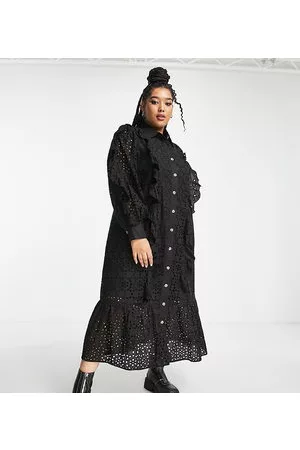 Reclaimed Mujer Camiseros - Plus inspired broderie midi smock shirt dress in black