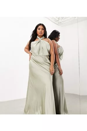 ASOS Mujer Maxi - Curve satin ruched halter neck maxi dress in sage