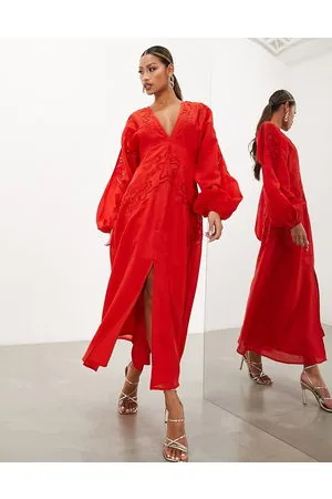 ASOS Waisted plunge midi dress with cutwork in tomato