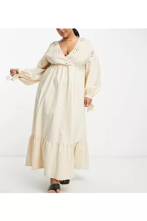 ASOS Mujer Maxi - ASOS DESIGN Curve cotton crochet pintuck maxi dress in vintage cream