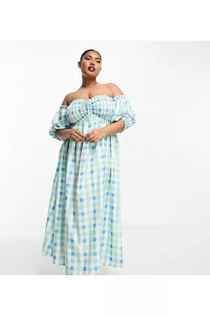 The Frolic Mujer Casuales - Check off-shoulder shirred maxi dress in blue