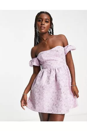 Miss Selfridge Mujer Strapless y off shoulder - Jacquard puff sleeve bardot mini dress in lilac