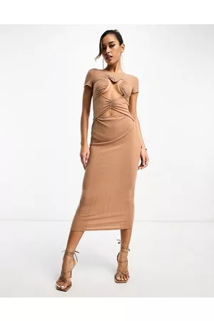 ASOS Mujer Vestidos cut out - Short sleeve midi dress with cut out bodice in taupe