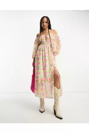 Miss Selfridge Mujer Vestidos de flores - Chiffon bardot tie waist maxi dress in floral gingham