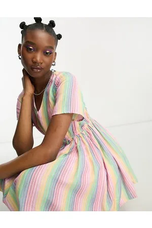 Daisy Street Linen mini smock dress in rainbow stripe
