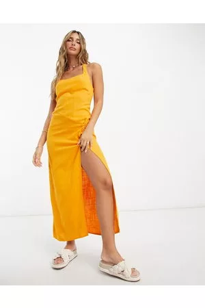 ASOS Mujer Maxi - Linen scoop halter maxi sundress with knot detail in mango