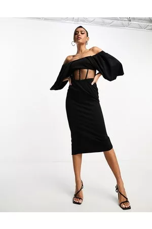 ASOS Mujer Strapless y off shoulder - Off shoulder draped sleeves corset mesh insert midi dress in