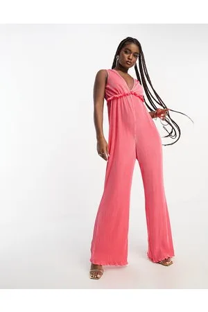 The Frolic Plisse frill detail plunge front jumpsuit in coral
