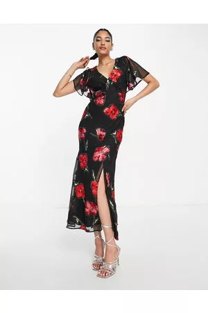 ASOS Mujer Maxi - Fluted sleeve maxi dress with cut out back in jacquard rose print