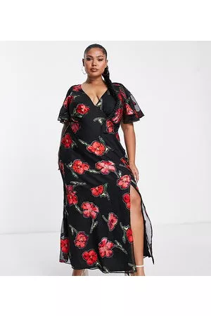 ASOS Mujer Maxi - ASOS DESIGN Curve fluted sleeve maxi dress with cut out back in jacquard rose print